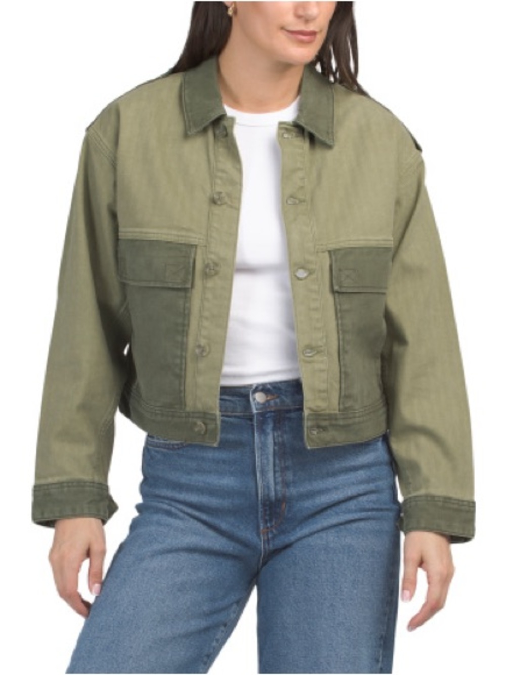 AG Adriano Goldschmied Two-Tone Olive Cropped Jean Jacket